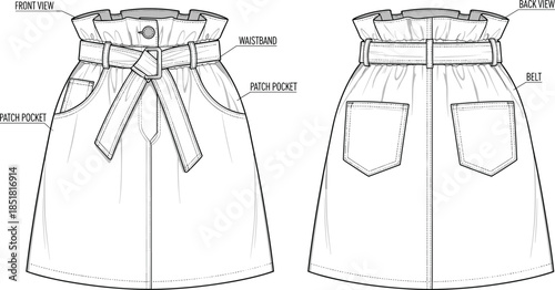 Paperbag waist skirt vector illustration, front and back view belted women fashion technical sketch