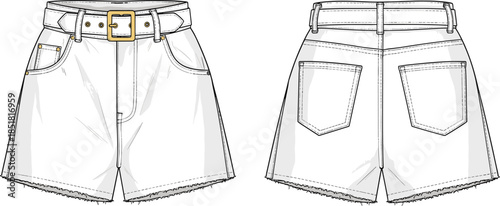 Women belted denim shorts vector illustration, front back view raw hem fashion technical flat drawing