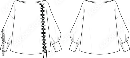 Women blouse technical vector illustration, front and back view lace up sleeve fashion design sketch