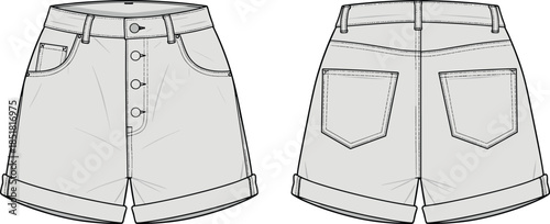 Women button fly denim shorts vector illustration, front back view fashion technical flat drawing apparel