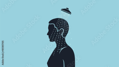 Silhouette of a person showering with water droplets forming a digital pattern on their head.