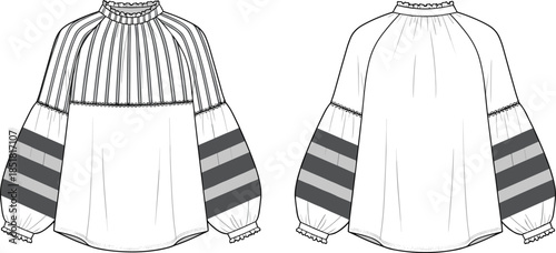 Women pleated yoke striped sleeve blouse vector illustration, front back view fashion technical flat drawing