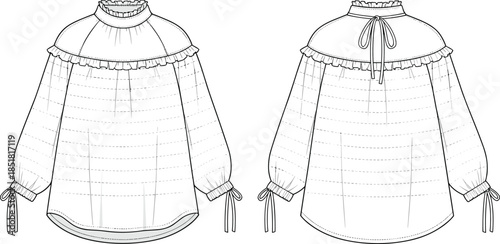 Women ruffle neck blouse vector illustration, front back view long sleeve fashion technical flat drawing