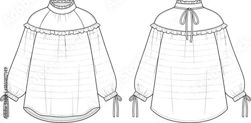Women ruffle yoke blouse vector illustration, front back view long sleeve fashion technical flat drawing