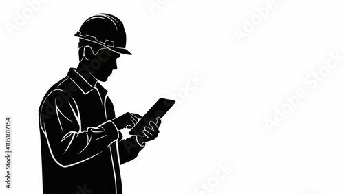Silhouette of a construction worker using a tablet device.
