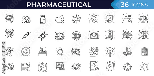 Pharmaceutical line editable icon set, medical and pharmacy symbols, drugs, laboratory, healthcare, treatment, research icons, clean vector illustration set