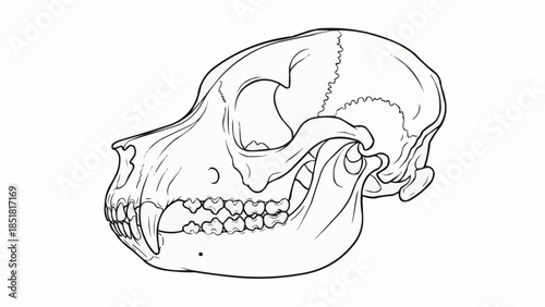 Detailed illustration of a primate skull showing its anatomical features.