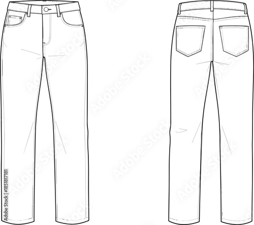Women slim fit jeans vector illustration, front back view denim pants fashion technical flat drawing