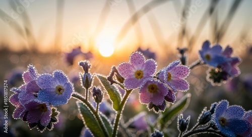 Purple flowers in morning frost.