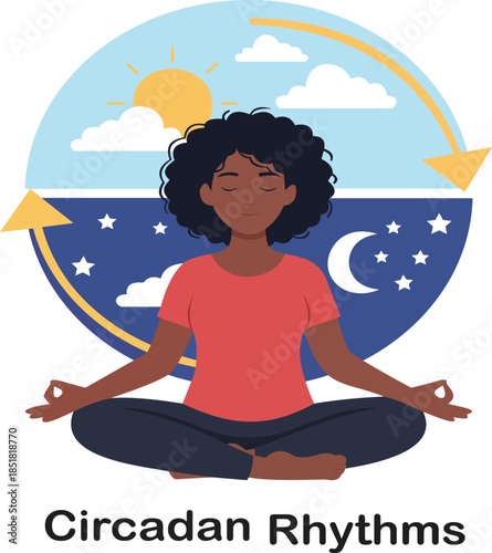 This vibrant graphic illustrates the concept of circadian rhythms, featuring a serene figure meditating against a backdrop of day and night. The sun and moon symbolize the natural cycles of light and 