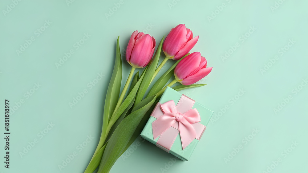 Fototapeta premium Three pink tulips and a light blue gift box with pink ribbon on pastel background