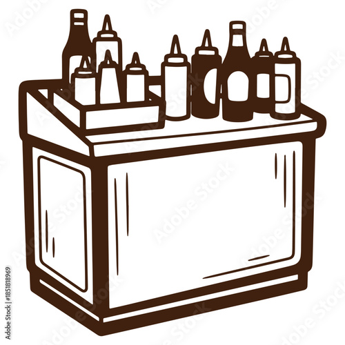 Illustrated condiment container with various bottles and jars isolated on white background