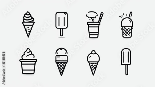 Ice cream and frozen treats icons in various styles and containers