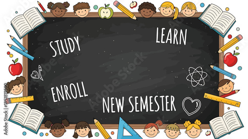 Vibrant back-to-school chalkboard illustration featuring student diversity, essential learning tools, and inspirational educational phrases for a successful academic journey