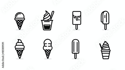 Ice cream and popsicle icons in various styles and shapes one line