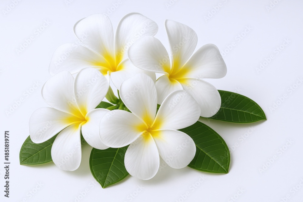 Naklejka premium Elegant White Tropical Flowers with Green Leaves on White Background, Perfect for Spa and Wellness