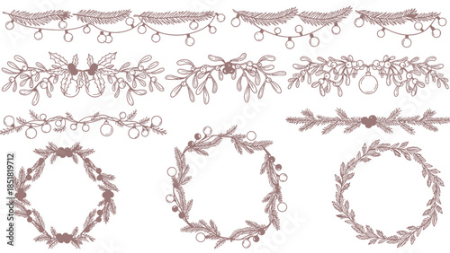 Festive Holiday Wreath and Garland Designs A Collection of Hand-Drawn Christmas Elements