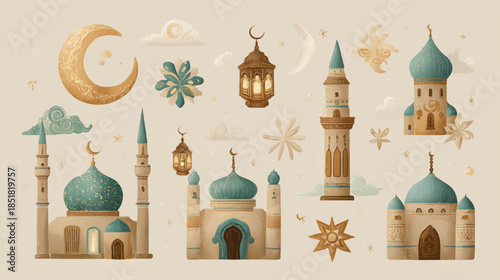 Islamic architecture elements with mosque domes and minarets and lanterns