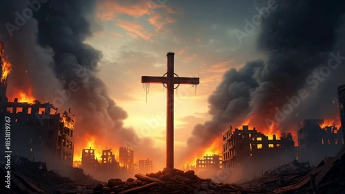 Burning city ruin cross or crucifix with collapsing buildings fire smoke columns glowing embers and apocalyptic dramatic sky for Christmas