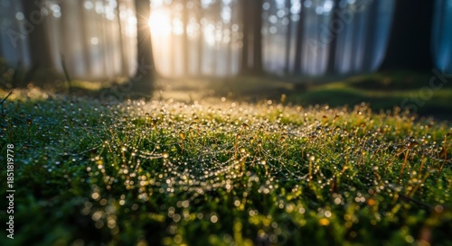 Sunlight on forest grassy clearing.