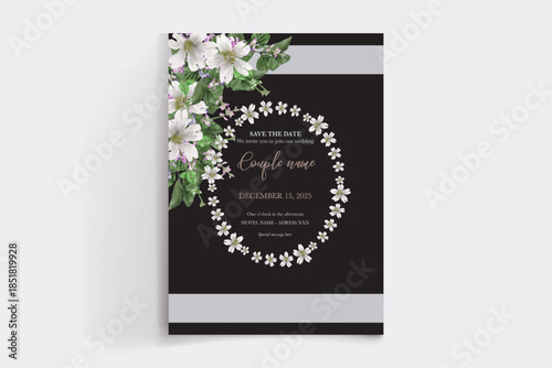 WEDDING INVITATION FRAME WITH FLOWER DECORATIONS AND FRESH LEAVES