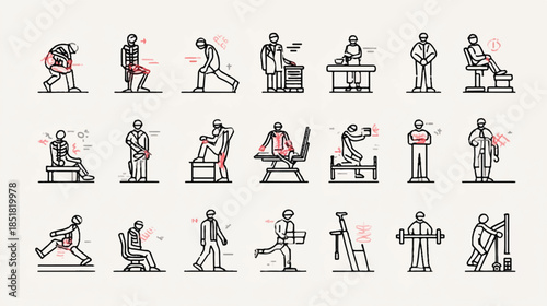 Line icons of people with back pain in various situations at work or home daily activities