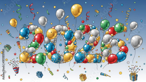 New Year Celebration: A vibrant and festive scene, numbers composed of colorful balloons signal the start of a New Year, embraced by a flurry of confetti and party decorations.