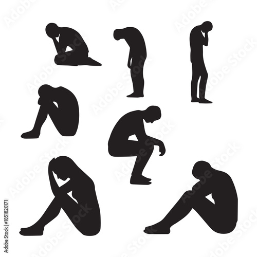 Set of Silhouettes Depicting Mental Health Issues, Depression, and Sadness