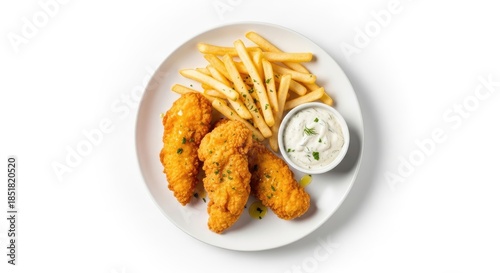 Three golden brown crispy fried chicken tenders served with a generous portion of french fries and creamy dipping sauce on a white plate isolated against a clean background