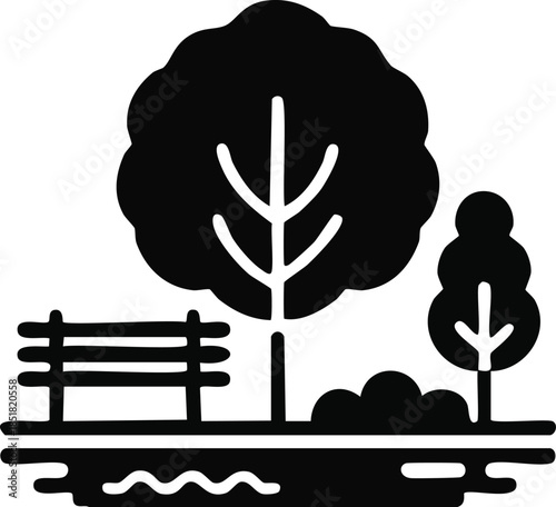 Black and White Park Icon with Trees and Bench Icon Vector