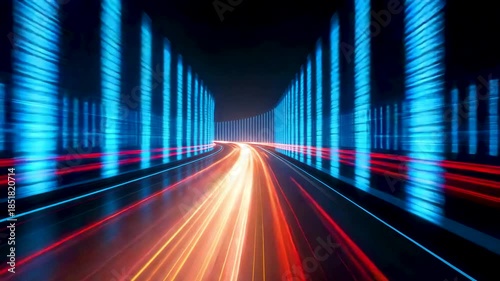 High speed light trails on curved roadway inside illuminated tunnel with blue vertical panels