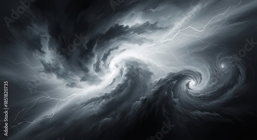 Turbulent dark gray storm clouds forming two powerful spirals with bright lightning flashes across the atmospheric phenomenon