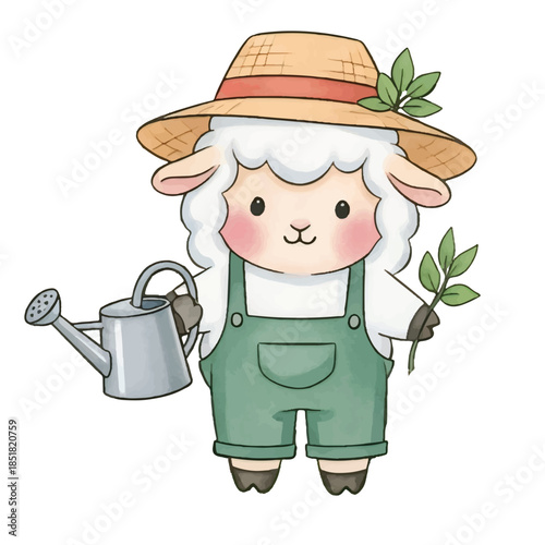 A smiling cartoon child wearing a cowboy hat acts as a gardener watering a plant with a fun watering can in this western country art illustration