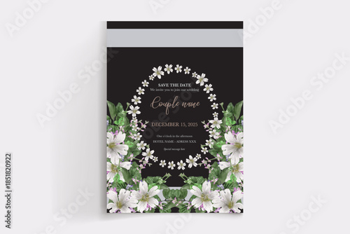 WEDDING INVITATION FRAME WITH FLOWER DECORATIONS AND FRESH LEAVES