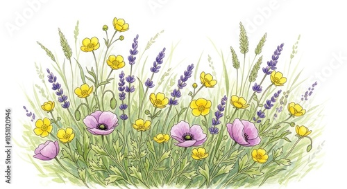 Watercolor illustration of a vibrant meadow border filled with various wildflowers including yellow buttercups purple poppies and lavender plants