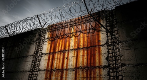 <Weathered concrete wall topped with razor wire under a dark, oppressive sky, displaying extensive rust stains symbolizing security, confinement, and a barrier.>