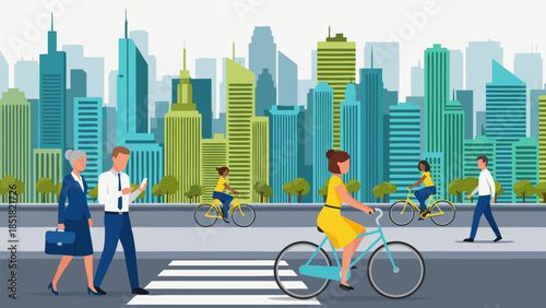 Urban landscape illustration depicting busy city street with pedestrians crossing and cyclists on bicycles against a backdrop of modern skyscrapers