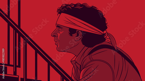 Blindfolded Man on Steps: Uncertainty, Challenge, and Trust in Red Tones