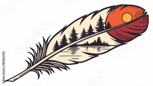 Feather with Forest Lake Sunset Reflection Illustration - Wilderness Nature Graphic Design