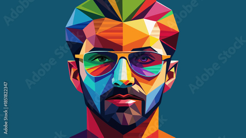 Geometric, colorful, abstract man face, vibrant polygonal portrait, illustration