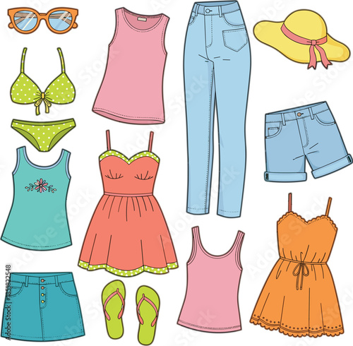 Summer women clothing and accessories collection with dresses, tops, jeans, shorts and beachwear, casual fashion outfit set vector illustration
