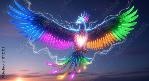 Vibrant Rainbow Colored Bird Flying.