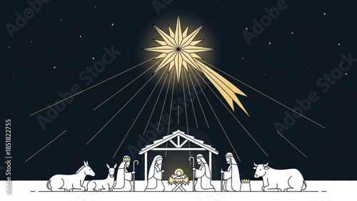 Christmas Nativity Scene: This illustration captures the biblical tale of the birth of Jesus, with a shining star guiding the way to the manger, where the Holy Family and onlookers are gathered.