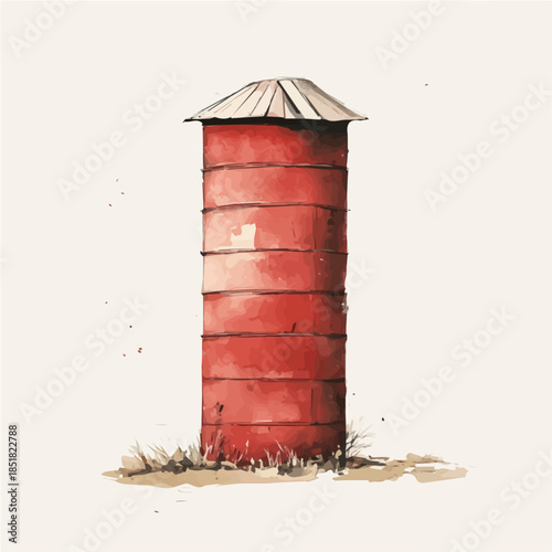 red_farm_silo_on_a_white_A vectorized, Hand-painted style, vector set available in EPS An Elegant watercolor painting design collection