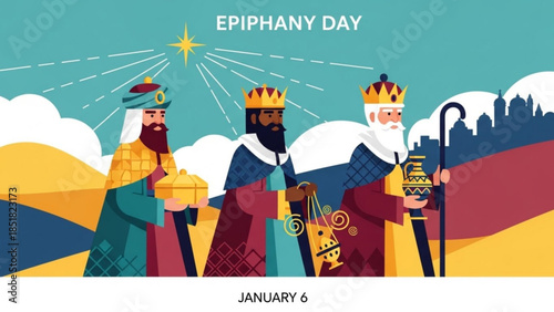 Epiphany Day Illustration: A vibrant illustration celebrates Epiphany Day with three wise kings, each bearing gifts, following a guiding star, and ready for their destination.