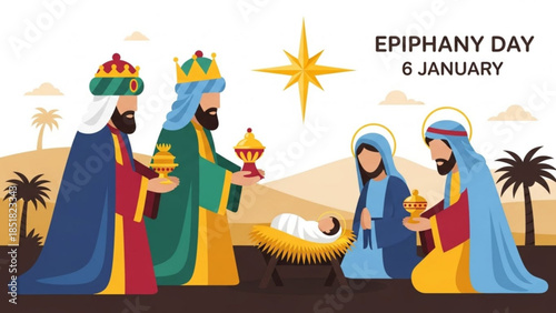 Epiphany Day Illustration: A vibrant depiction of Epiphany, showcasing the Three Kings' visit to the infant in the manger, radiating a sense of faith, and festive warmth.