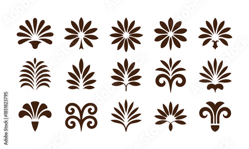 Collection of classical brown floral and botanical decorative motifs for elegant designs