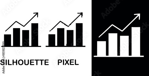 A grayscale bar graph silhouette & pixel illustration showing an upward trending data visualization
