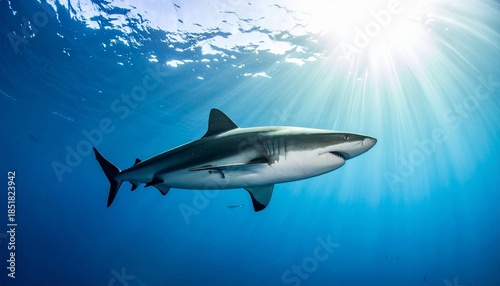 Wallpaper Mural Side-view of a shark gliding through clear blue ocean with sunlight filtering from above. Torontodigital.ca