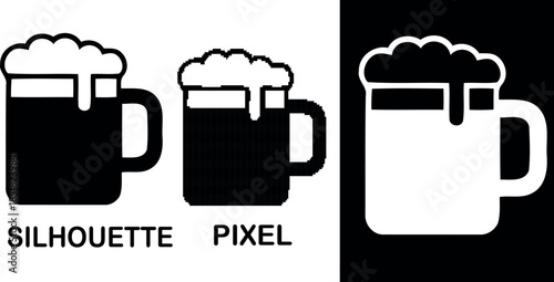 A simple grayscale silhouette & pixel of a classic beer mug icon